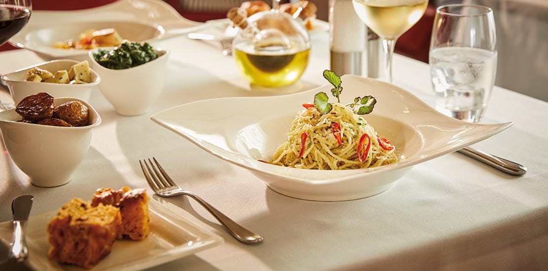 Spaghetti Aglio e Olio in the Amalfi restaurant on Spirit of Adventure